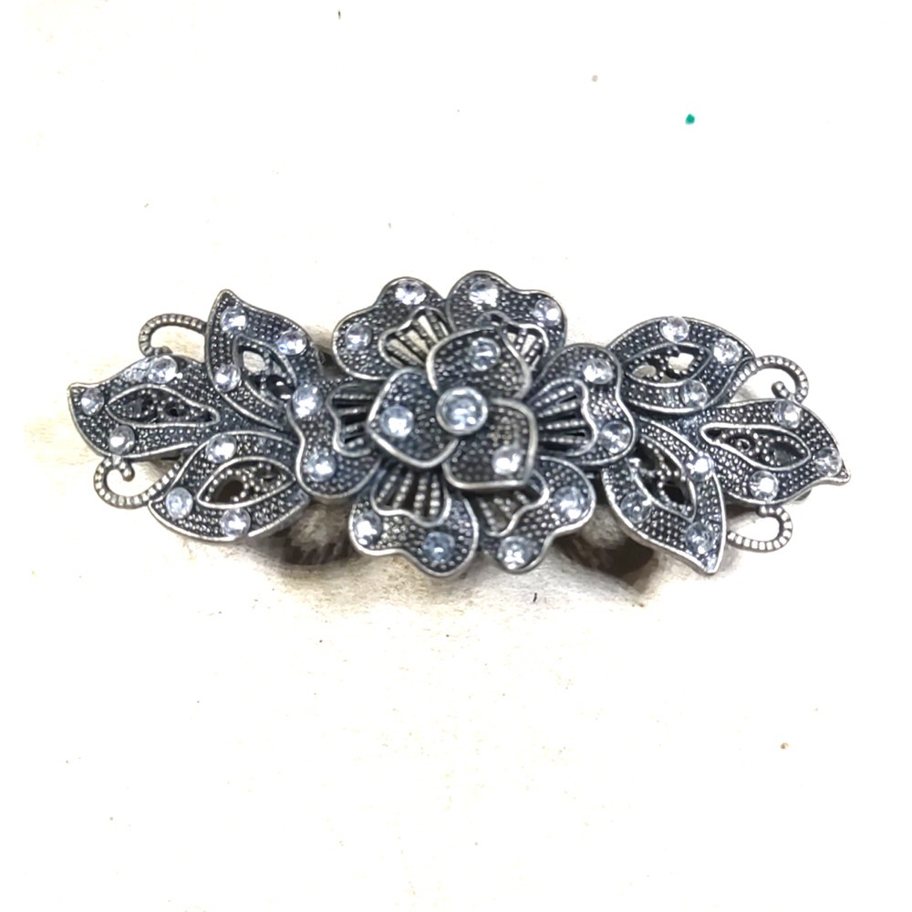 Hair Barrette Tension Clip Gun Metal Silver Tone Rhinestone Flowers